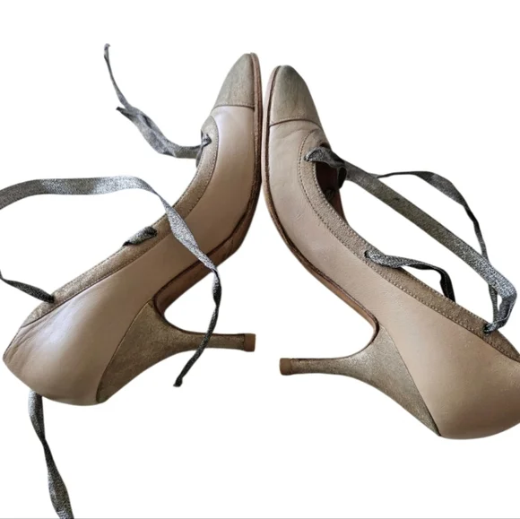 CHANEL Beige & Gold Lace Up Pumps Size 36